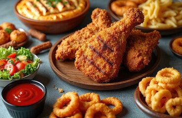 Close up shot of various comfort food. Fried chicken onion rings fresh salad tomato ketchup pasta and different snacks at the table. Food arrangement dinner meal