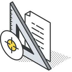 Isometric Illustration of Drafting Tools and Document with a Target Symbol on a Transparent Background