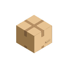 Brown cardboard shipping box, sealed with tape and featuring shipping symbols, isolated on transparent, representing logistics and delivery