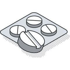 Isometric Illustration of Four White Round Medical Pills One Partially Removed From Foil Packaging on Transparent Background