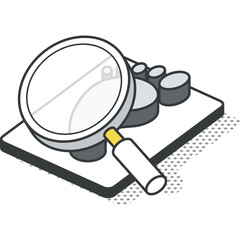 Isometric Magnifying Glass Inspecting Abstract Geometric Shapes on a Flat Surface with Subtle Dot Pattern Background Digital Art