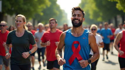 Obraz premium An image of people from different backgrounds participating in an AIDS awareness event, such as a walk, run, or fundraiser.