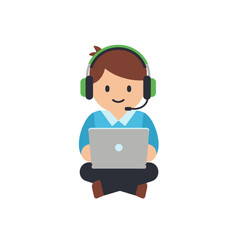 Cartoon character with headphones and laptop working or studying.