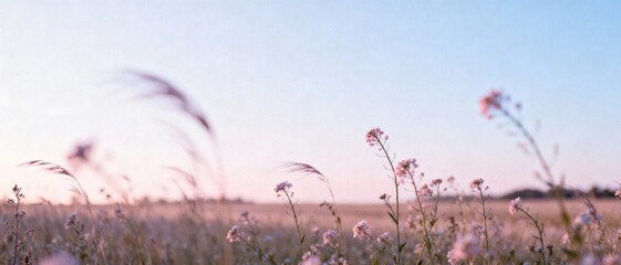 Wildflowers swaying gently in a field at sunset  