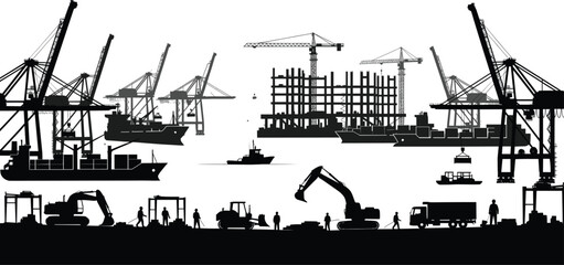 Industrial port silhouette with cargo ships, cranes, construction vehicles, workers, and building site, perfect for logistics, infrastructure, and development-themed vector content