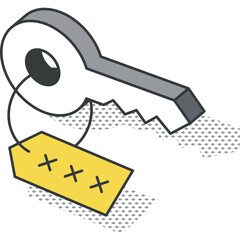 Isometric metallic key with a yellow tag marked with XXX representing security and access in business finance concepts on a transparent background