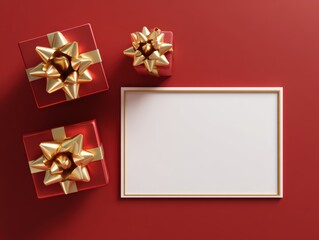A festive arrangement features elegantly wrapped red gifts adorned with golden bows, accompanied by a blank frame for personalization, Ideal for holiday promotions, greeting cards, or gift guides,