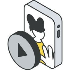 Isometric Smartphone Displaying Animated Character with Play Button Icon in Front on Transparent Background