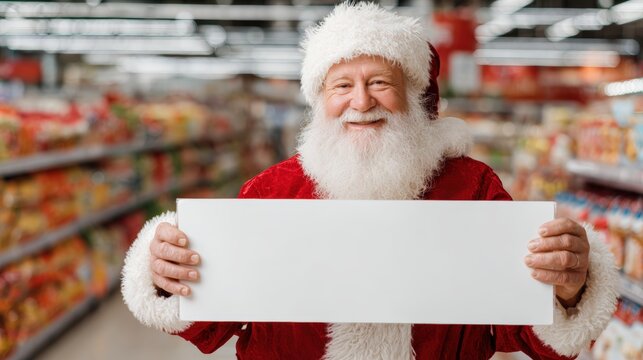 A cheerful Santa Claus holds a blank sign in a vibrant grocery store aisle filled with colorful products, ideal for holiday promotions, advertisements, or seasonal marketing campaigns,