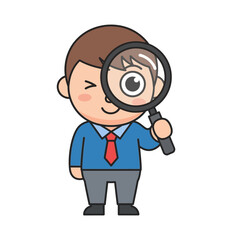 Cartoon businessman character holding a magnifying glass and winking.