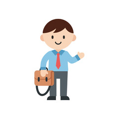 Business professional with briefcase gesturing and smiling confidently at work.