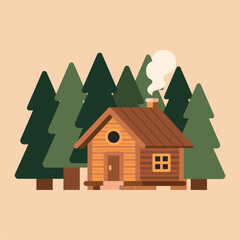Small wooden cabin in pine forest in flat illustration, warm natural colors, ideal for nature, camping, and adventure design projects