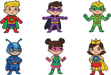 Cute cartoon superhero kids in colorful costumes posing confidently, fantasy children illustration for comic and creative design