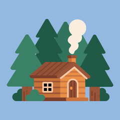 Small wooden cabin in pine forest in flat illustration, warm natural colors, ideal for nature, camping, and adventure design projects