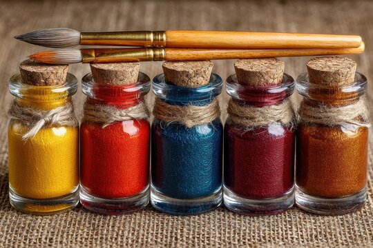 Collection of vibrant acrylic paints in small jars and paintbrushes