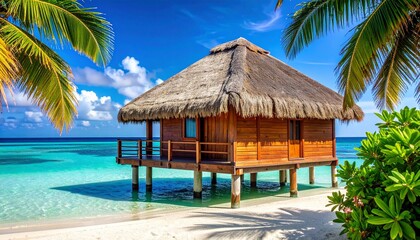 Traditional Tropical Wooden Hut with Thatched Roof and Porch