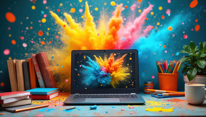 Laptop on desk with colorful explosion on screen. Books, notebooks, pencils, and coffee cup around. Colorful powder splashes on background. Study, learning, and creativity concept with technology.
