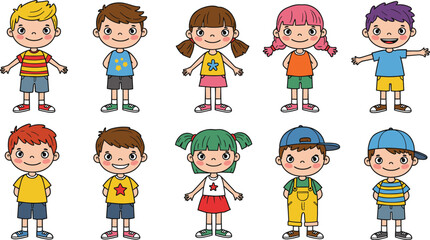 Cute happy cartoon kids vector illustration, diverse children characters, smiling faces, colorful outfits, white background, playful design