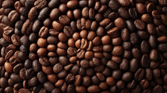 Overhead close up shot of roasted coffee beans texture