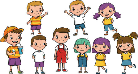 Happy cartoon children group illustration, cute boys and girls standing together, smiling kids vector art, colorful outfits