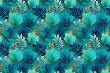 seamless pattern  An elegant pattern showcasing a seamless arrangement of stylized leaves in a harmonious symphony of teal, turquoise and blue hues, invoking a feeling of calm and sophisticated charm.
