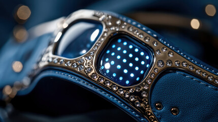Obraz premium Close-up of a luxury dog collar with blue leather, gold accents, and embedded light display