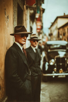 Mafia Cosa Nostra bandits waiting by a vintage car in a narrow street