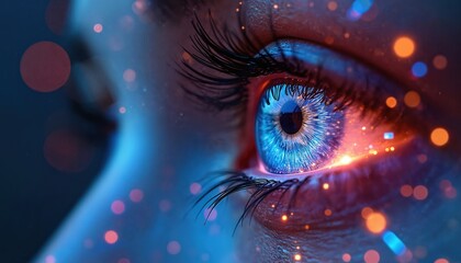 Human eye with glowing blue iris, vibrant light particles. Futuristic tech, biometric scanning. Digital vision concept shows artificial intelligence, data processing, cyberspace security. Eye sees