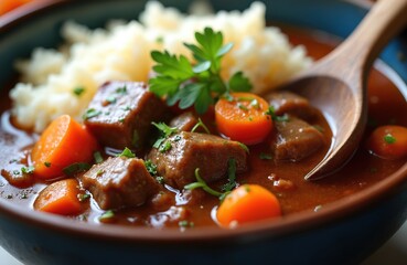 Naklejka na ściany i meble Hearty beef stew with fluffy white rice and bright orange carrots served in a rustic bowl with a wooden spoon. Garnished with fresh parsley for a touch of green. Naklejka na ściany i meble Hearty beef stew with fluffy white rice and bright orange carrots served in a rustic bowl with a wooden spoon. Garnished with fresh parsley for a touch of green.