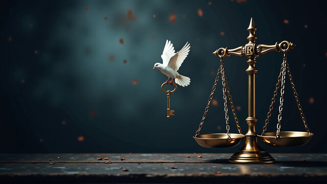 An image of a symbolic object representing human rights, such as a broken chain, a dove carrying a key, or a balance scale, with a strong visual impact.