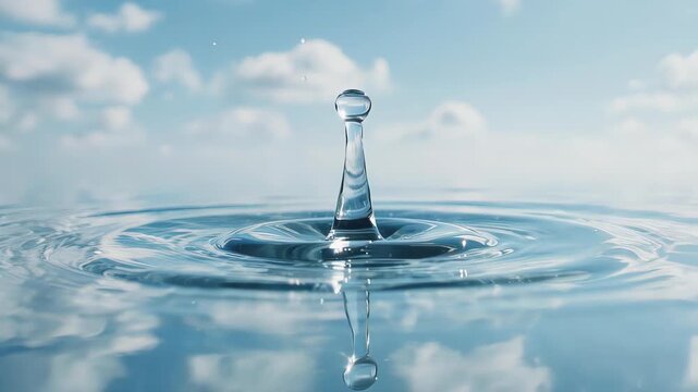 An extreme close-up in super slow motion of a water drop creating perfect ripples. Symbolizes purity, clean water resources, and environmental conservation.