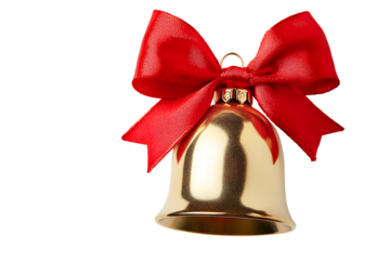Close up of polished gold bell with red bow for festive decoration and celebration
