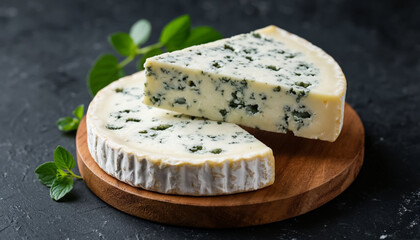 Mold Cheese on Wooden Cutting Board Dark Background