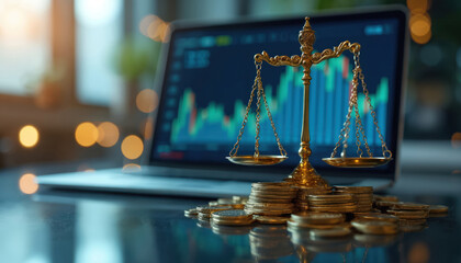 Golden scales of justice sit near stacks of coins before a laptop displaying a stock market graph. Symbolizing financial law and business strategy. Legal advice in digital economy.