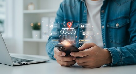 Customer searching for local businesses on a mobile phone with a virtual interface showing location, star ratings, and feedback. E-commerce concept