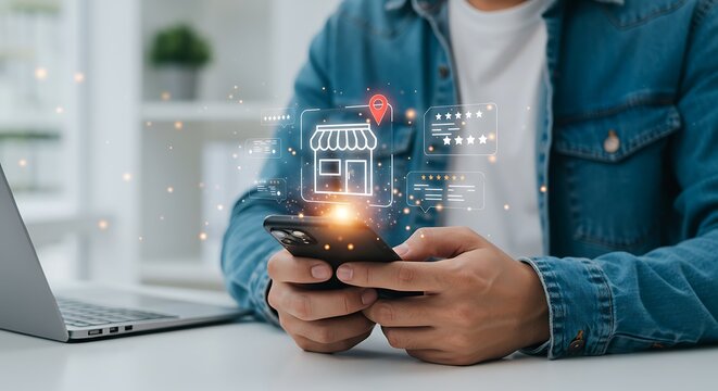 Futuristic concept of augmented reality in retail. A user interacts with a holographic store icon, checking reviews and location on his smartphone