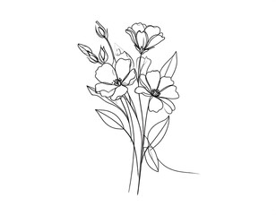 Simple black and white line drawing of a floral bouquet, depicting open blooms and buds with elongated leaves