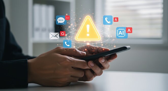 A glowing warning sign icon appears on a mobile phone, symbolizing a cybersecurity threat, malware infection, or urgent system notification