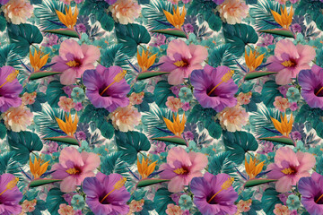 seamless pattern .  A vibrant floral pattern showcasing a rich tapestry of hibiscus and bird-of-paradise blooms, interwoven with lush foliage creating a design, perfect for fabric, wallpaper.