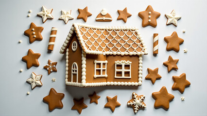 A deconstructed gingerbread house, with the individual pieces laid out and ready for assembly, showcasing the components and the process.