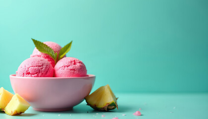 Pink ice cream scoops with pineapple chunks garnished with mint leaves in a pink bowl on a bright blue background. Sweet cold dessert perfect for summer.