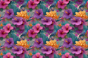 Floral Symphony: A vibrant and intricate pattern of tropical blooms and lush foliage, bringing the essence of a botanical paradise to life, with a medley of vivid hues and delicate textures.