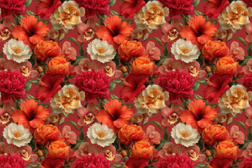 seamless pattern . A vibrant and intricate floral tapestry, bursting with a rich palette of colors and textures, creating a visually stunning display of nature's beauty.