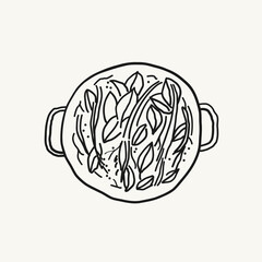 Ayahuasca herbal brew sketch on isolated background. Religious drink made from Leana and chacruna shrub leaves, inhibitor. Cleansing, meditation, Kundalini. Vector illustration. Design element 