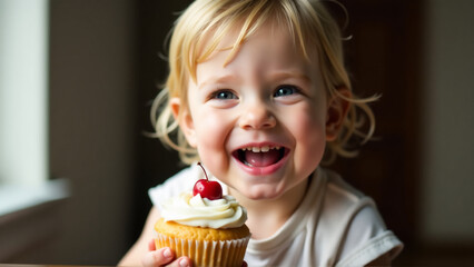 A photograph of a child with a messy face, enjoying a cupcake, capturing a moment of pure, unadulterated joy.