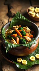 Uganda – Luwombo
A traditional clay pot with Ugandan luwombo: chicken and vegetables slowly steamed in banana leaves, served with matoke (steamed green bananas), rustic wooden table