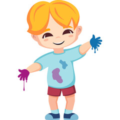 Joyful blond haired boy with paint stains on his light blue t-shirt and maroon shorts raising his hands up high in a playful stance on a transparent background