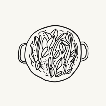 Ayahuasca herbal brew sketch on isolated background. Religious drink made from Leana and chacruna shrub leaves, inhibitor. Cleansing, meditation, Kundalini. Vector illustration. Design element 