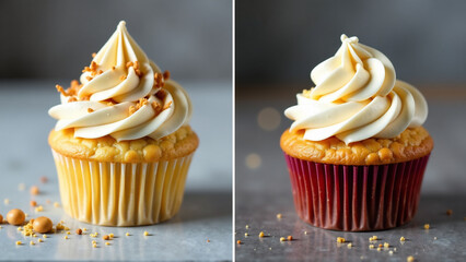 A before-and-after image of a cupcake, showing the transformation from raw ingredients to a finished, decorated product.