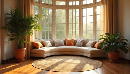 Fototapeta premium Bright living room interior. Comfortable curved sofa with pillows near bay window. Green plants in pots. Natural sunlight through windows. Cozy home decor, relaxation scene. Sunlight on hardwood floor